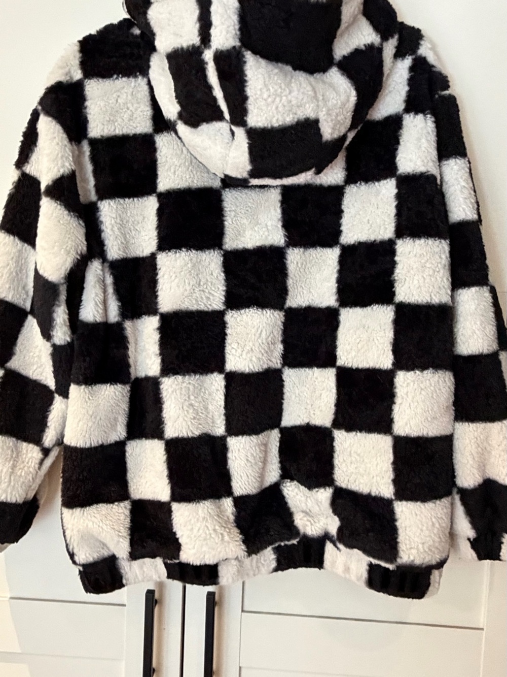 Angel Kiss Black and White Checkered Faux Fur Hooded Jacket